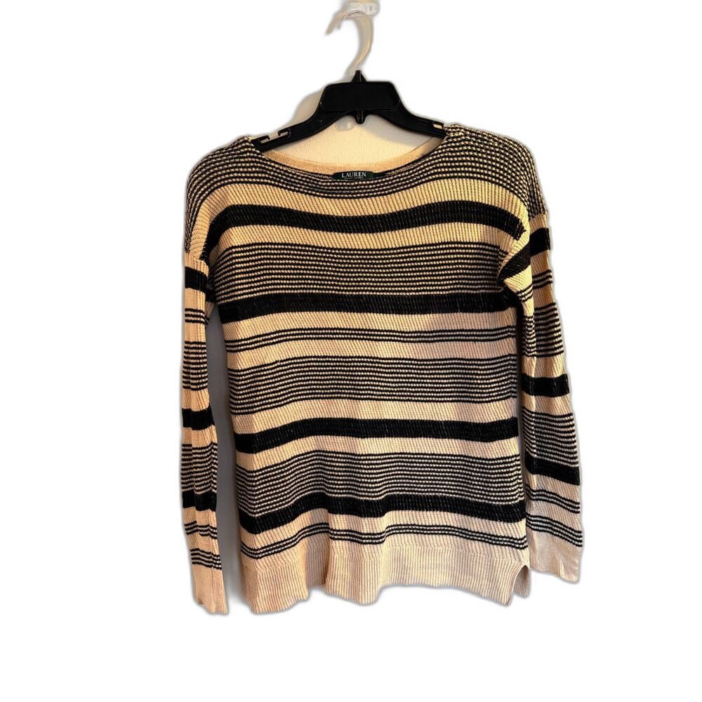 Lauren Ralph Lauren Nautical Striped Boat Neck‎ Top - Black and Tan - Size M